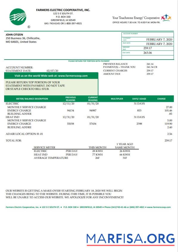 Downloadable USA Ohio Farmers Electric Cooperative utility bill template in Word and PDF format, version 2